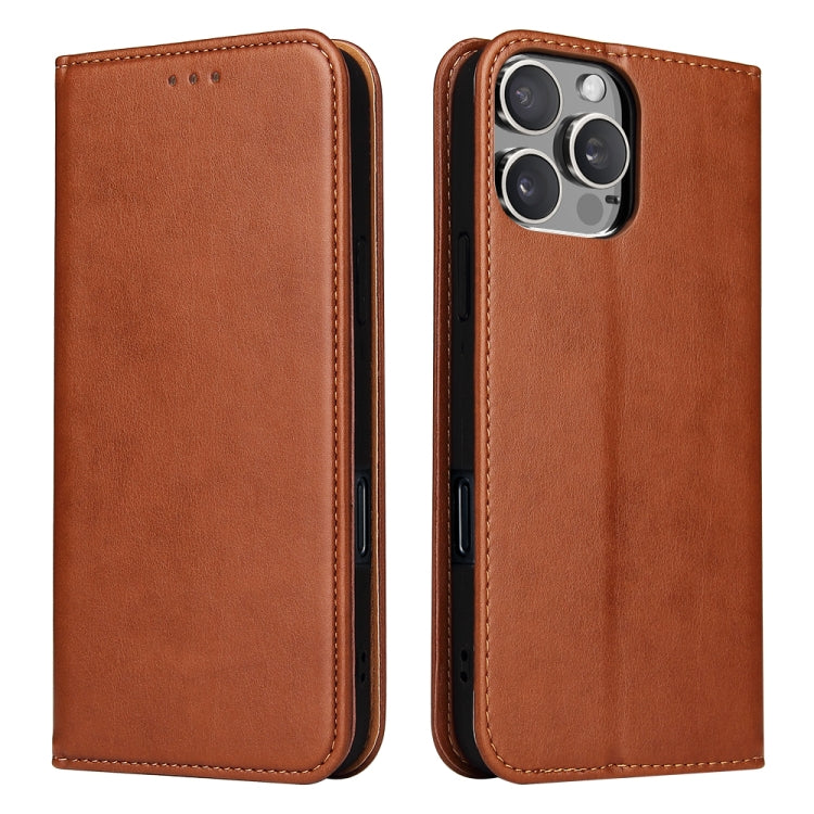 For iPhone 16 Pro Max Fierre Shann PU Genuine Leather Texture Phone Case(Brown) by FIERRE SHANN