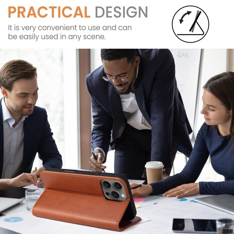 For iPhone 16 Pro Max Fierre Shann PU Genuine Leather Texture Phone Case(Brown) by FIERRE SHANN