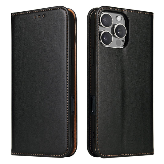 For iPhone 16 Pro Max Fierre Shann PU Genuine Leather Texture Phone Case(Black) by FIERRE SHANN