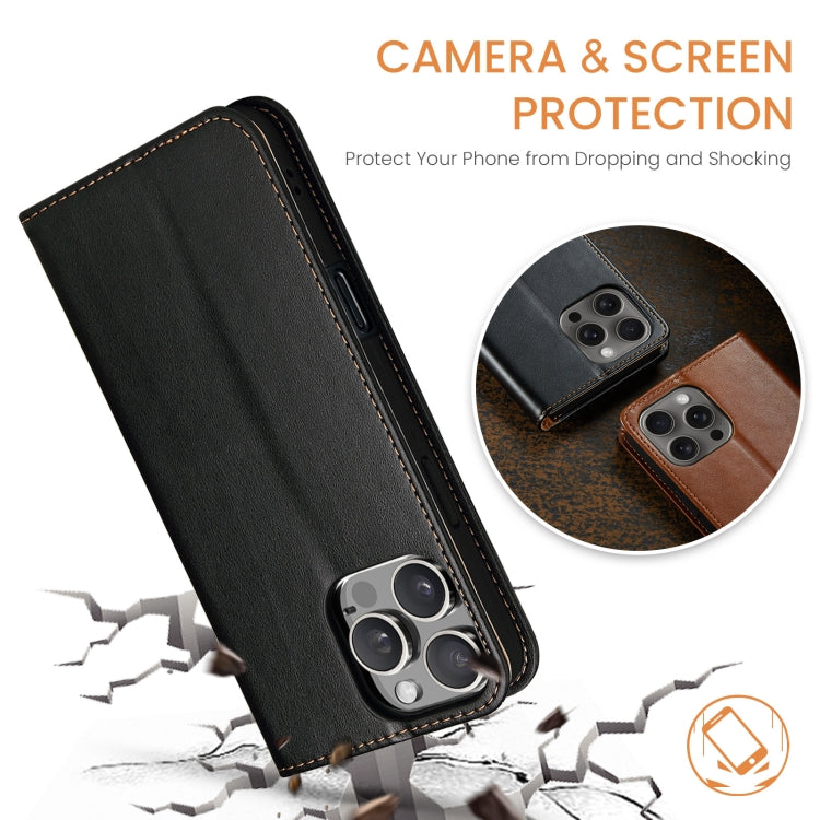 For iPhone 16 Pro Max Fierre Shann PU Genuine Leather Texture Phone Case(Black) by FIERRE SHANN