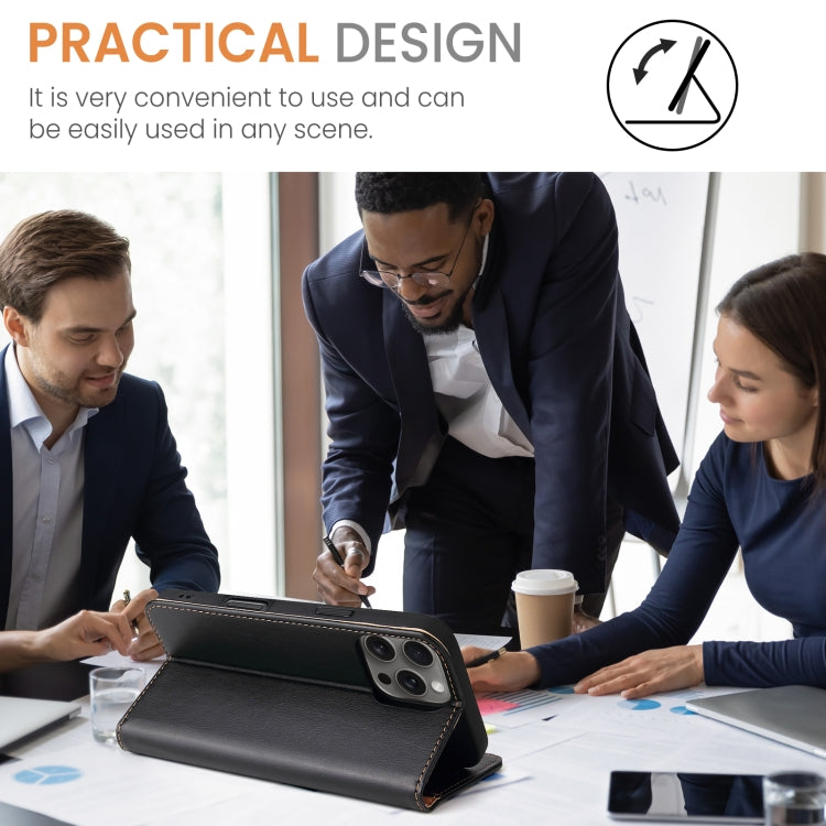 For iPhone 16 Pro Max Fierre Shann PU Genuine Leather Texture Phone Case(Black) by FIERRE SHANN