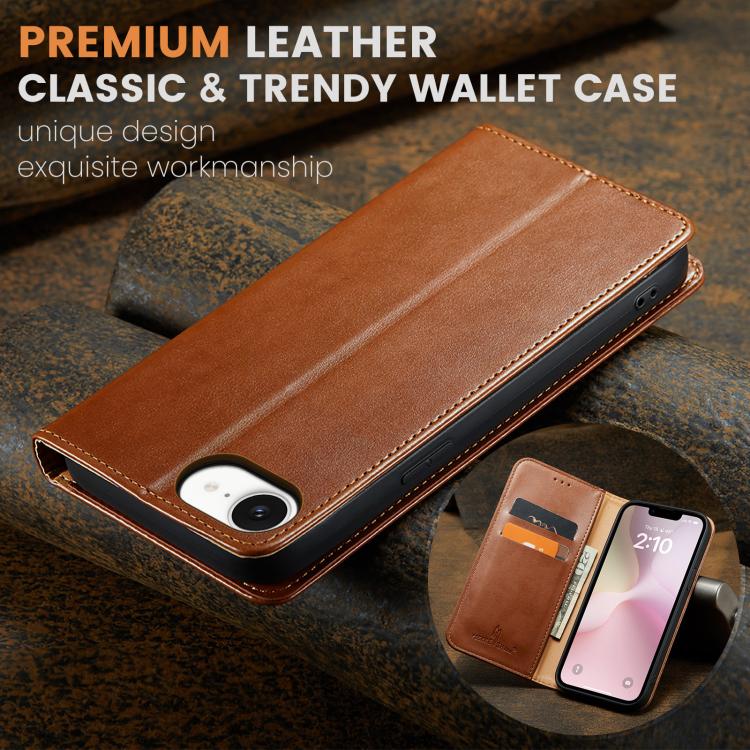 For iPhone 16e Fierre Shann PU Genuine Leather Texture Phone Case(Brown) - iPhone 16e Cases by FIERRE SHANN | Online Shopping UK | buy2fix