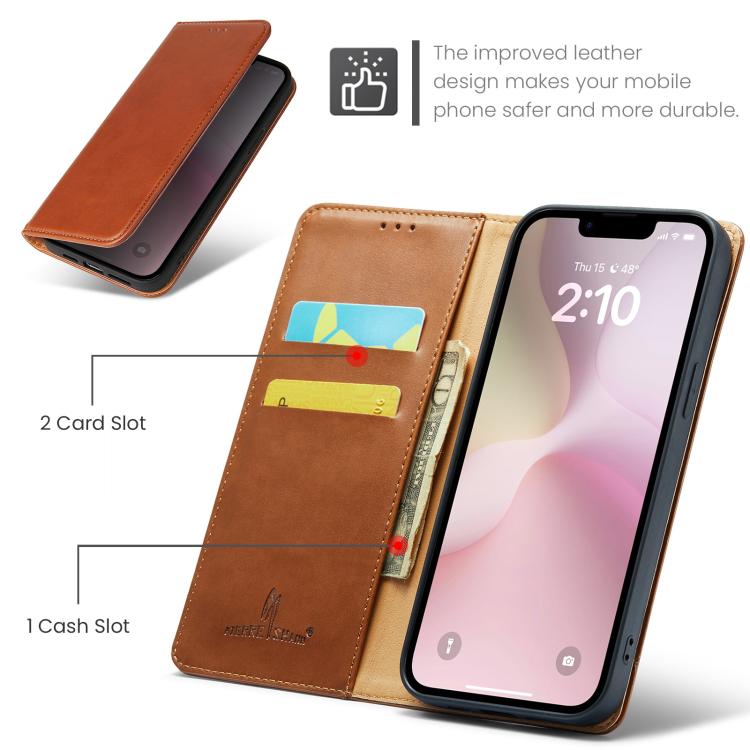 For iPhone 16e Fierre Shann PU Genuine Leather Texture Phone Case(Brown) - iPhone 16e Cases by FIERRE SHANN | Online Shopping UK | buy2fix
