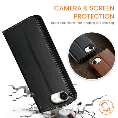 For iPhone 16e Fierre Shann PU Genuine Leather Texture Phone Case(Black) - iPhone 16e Cases by FIERRE SHANN | Online Shopping UK | buy2fix