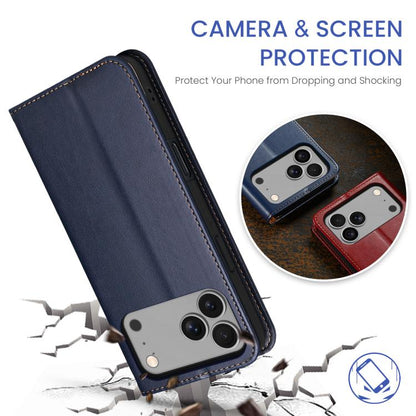 For iPhone 17 Pro Fierre Shann PU Genuine Leather Texture Phone Case(Blue) - iPhone 17 Pro Cases by FIERRE SHANN | Online Shopping UK | buy2fix