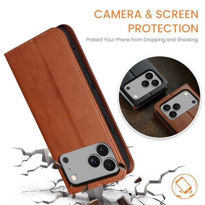 For iPhone 17 Pro Fierre Shann PU Genuine Leather Texture Phone Case(Brown) - iPhone 17 Pro Cases by FIERRE SHANN | Online Shopping UK | buy2fix