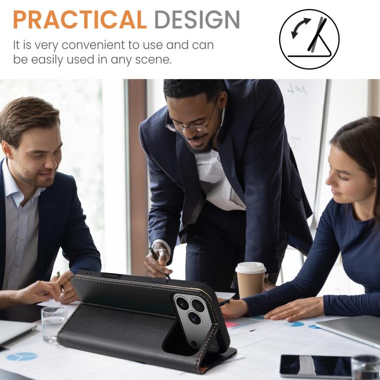 For iPhone 17 Pro Fierre Shann PU Genuine Leather Texture Phone Case(Black) - iPhone 17 Pro Cases by FIERRE SHANN | Online Shopping UK | buy2fix