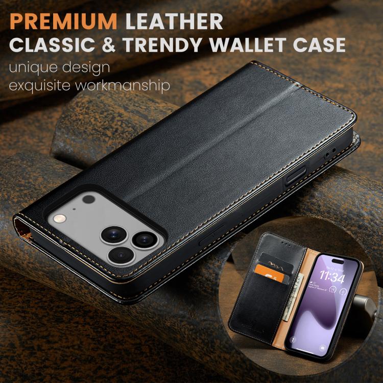 For iPhone 17 Pro Fierre Shann PU Genuine Leather Texture Phone Case(Black) - iPhone 17 Pro Cases by FIERRE SHANN | Online Shopping UK | buy2fix