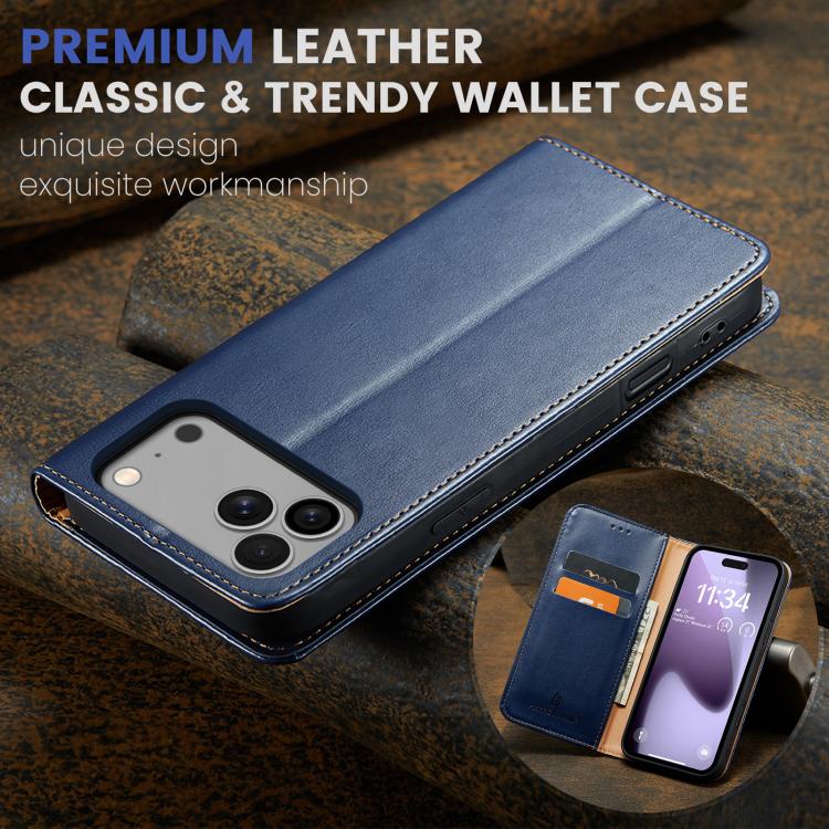 For iPhone 17 Pro Max Fierre Shann PU Genuine Leather Texture Phone Case(Blue) - iPhone 17 Pro Max Cases by FIERRE SHANN | Online Shopping UK | buy2fix