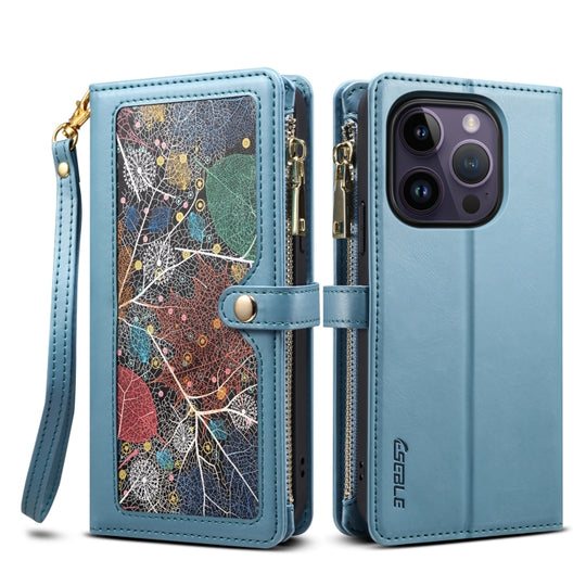 For iPhone 15 Pro ESEBLE Star Series Lanyard Zipper Wallet RFID Leather Case(Blue)