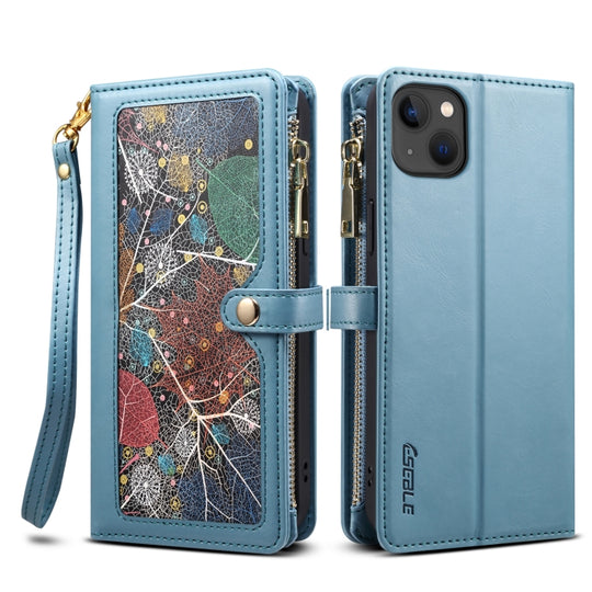 For iPhone 15 Plus ESEBLE Star Series Lanyard Zipper Wallet RFID Leather Case(Blue)
