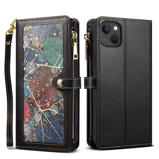 For iPhone 15 Plus ESEBLE Star Series Lanyard Zipper Wallet RFID Leather Case(Black)