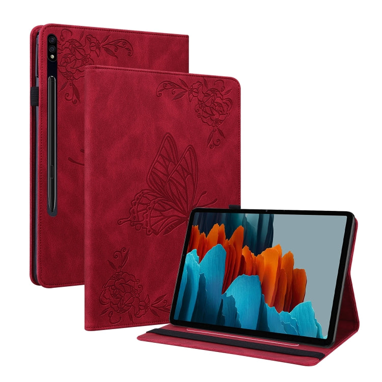 For Samsung Galaxy Tab S7+/S7 FE/S8+ Butterfly Flower Embossed Leather Tablet Case(Red) - Tab S7+ T970 / T976B by buy2fix | Online Shopping UK | buy2fix