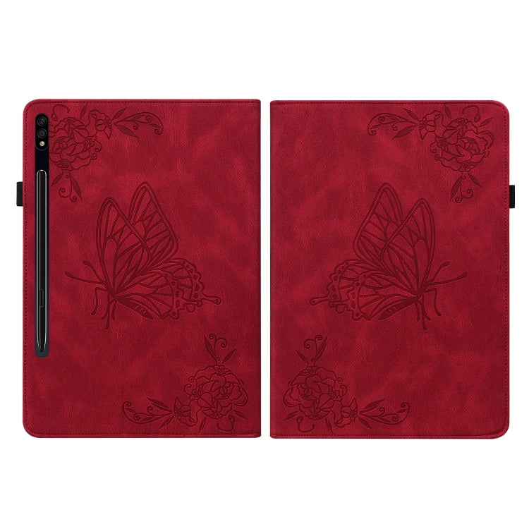 For Samsung Galaxy Tab S7+/S7 FE/S8+ Butterfly Flower Embossed Leather Tablet Case(Red) - Tab S7+ T970 / T976B by buy2fix | Online Shopping UK | buy2fix