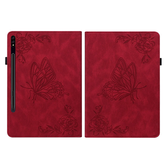 For Samsung Galaxy Tab S7+/S7 FE/S8+ Butterfly Flower Embossed Leather Tablet Case(Red) - Tab S7+ T970 / T976B by buy2fix | Online Shopping UK | buy2fix