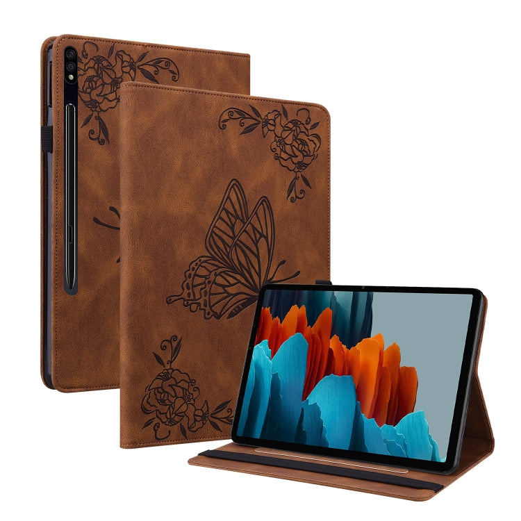 For Samsung Galaxy Tab S7+/S7 FE/S8+ Butterfly Flower Embossed Leather Tablet Case(Brown) by buy2fix