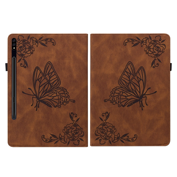 For Samsung Galaxy Tab S7+/S7 FE/S8+ Butterfly Flower Embossed Leather Tablet Case(Brown) by buy2fix