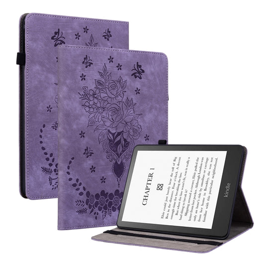 For Amazon Kindle Paperwhite 5 2024 Butterfly Rose Embossed Leather Tablet Case(Purple) - Amazon by buy2fix | Online Shopping UK | buy2fix