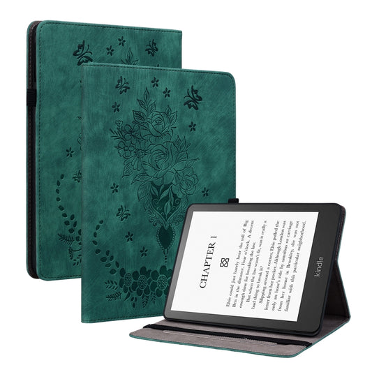 For Amazon Kindle Paperwhite 5 2024 Butterfly Rose Embossed Leather Tablet Case(Green) - Amazon by buy2fix | Online Shopping UK | buy2fix