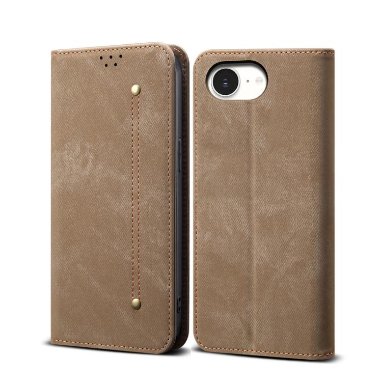 For iPhone 16e Denim Texture Casual Style Horizontal Flip Leather Case(Khaki) - iPhone 16e Cases by buy2fix | Online Shopping UK | buy2fix