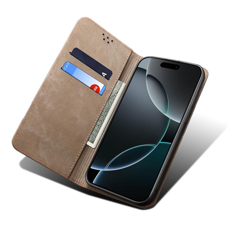 For iPhone 16e Denim Texture Casual Style Horizontal Flip Leather Case(Khaki) - iPhone 16e Cases by buy2fix | Online Shopping UK | buy2fix