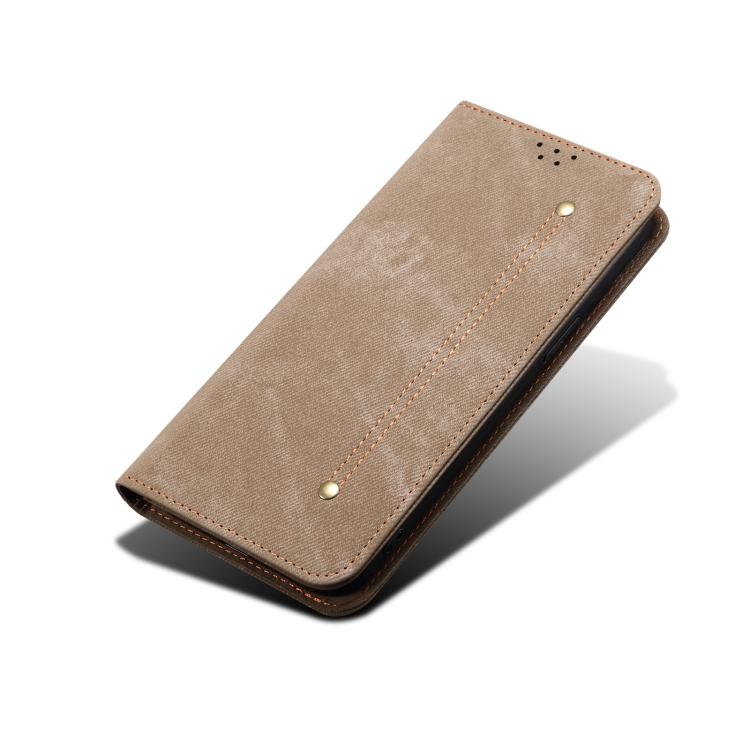 For iPhone 16e Denim Texture Casual Style Horizontal Flip Leather Case(Khaki) - iPhone 16e Cases by buy2fix | Online Shopping UK | buy2fix