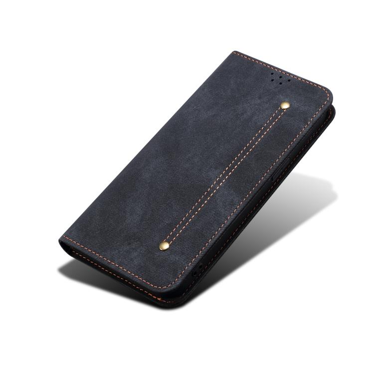 For iPhone 16e Denim Texture Casual Style Horizontal Flip Leather Case(Black) - iPhone 16e Cases by buy2fix | Online Shopping UK | buy2fix