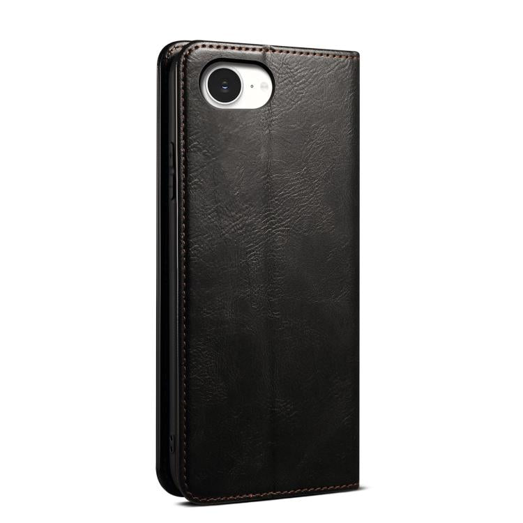 For iPhone 16e Oil Wax Crazy Horse Texture Leather Phone Case(Black) - iPhone 16e Cases by buy2fix | Online Shopping UK | buy2fix