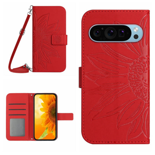 For Google Pixel 9 Pro XL Skin Feel Sun Flower Embossed Flip Leather Phone Case with Lanyard(Red) by buy2fix