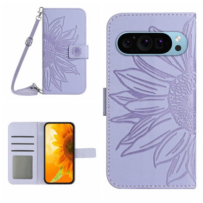 For Google Pixel 9 Pro XL Skin Feel Sun Flower Embossed Flip Leather Phone Case with Lanyard(Purple) by buy2fix