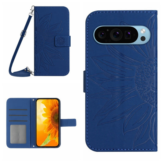 For Google Pixel 9 Pro XL Skin Feel Sun Flower Embossed Flip Leather Phone Case with Lanyard(Dark Blue) by buy2fix