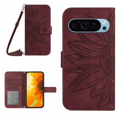 For Google Pixel 9 Pro XL Skin Feel Sun Flower Embossed Flip Leather Phone Case with Lanyard(Wine Red) by buy2fix