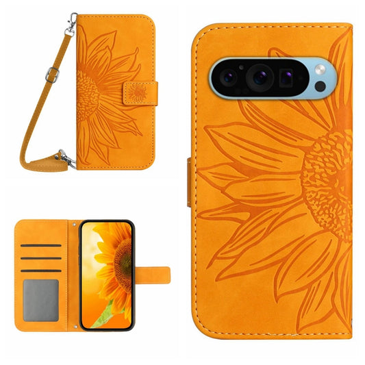 For Google Pixel 9 Pro XL Skin Feel Sun Flower Embossed Flip Leather Phone Case with Lanyard(Yellow) by buy2fix