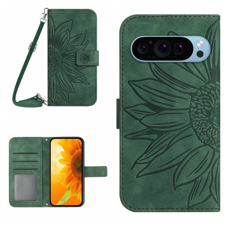 For Google Pixel 9 Pro XL Skin Feel Sun Flower Embossed Flip Leather Phone Case with Lanyard(Green) by buy2fix
