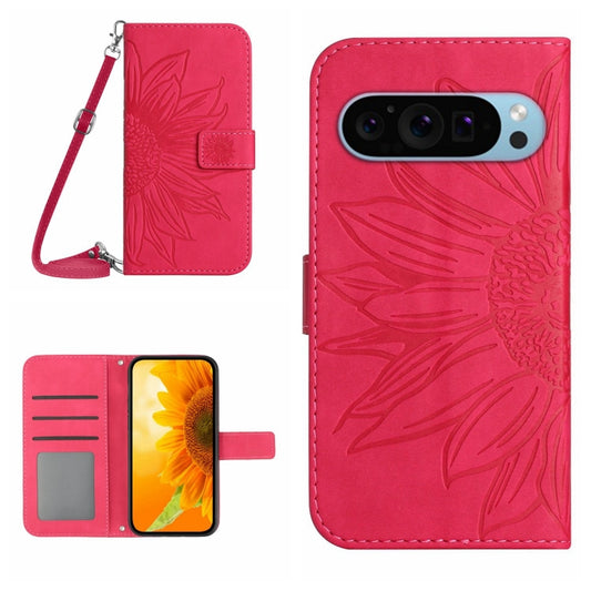 For Google Pixel 9 Pro XL Skin Feel Sun Flower Embossed Flip Leather Phone Case with Lanyard(Rose Red) by buy2fix