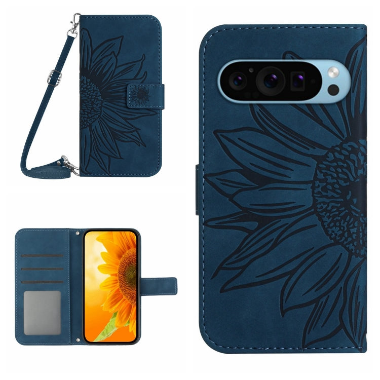 For Google Pixel 9 Pro XL Skin Feel Sun Flower Embossed Flip Leather Phone Case with Lanyard(Inky Blue) by buy2fix