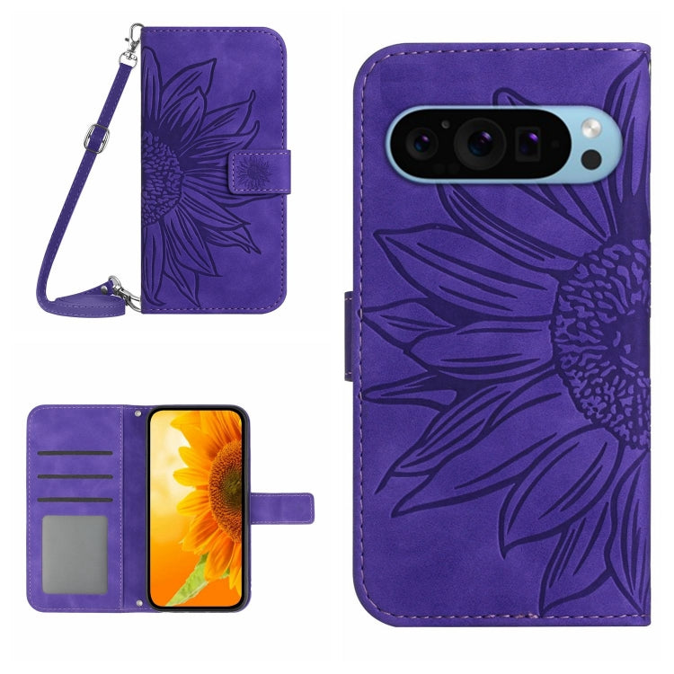 For Google Pixel 9 Pro XL Skin Feel Sun Flower Embossed Flip Leather Phone Case with Lanyard(Dark Purple) by buy2fix