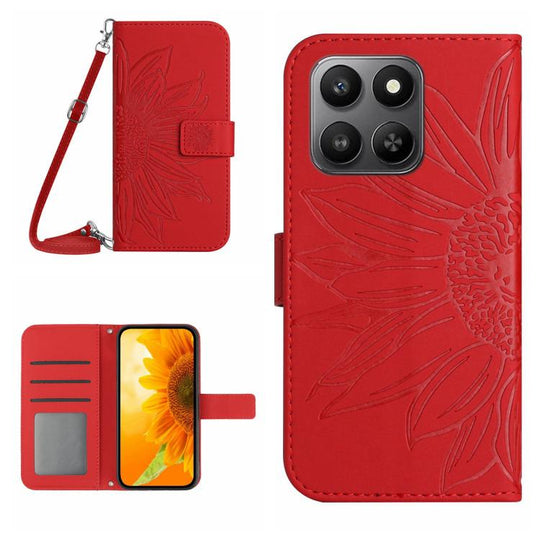 For Honor 400 Smart 5G Skin Feel Sun Flower Pattern Leather Phone Case with Lanyard(Red)