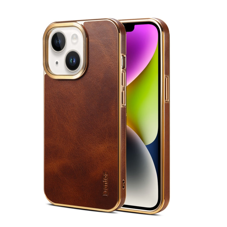 For iPhone 14 Denior Oil Wax Cowhide Plating Phone Case(Brown) - iPhone 14 Cases by Denior | Online Shopping UK | buy2fix