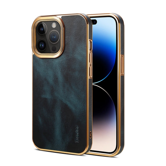 For iPhone 14 Pro Max Denior Oil Wax Cowhide Plating Phone Case(Blue) - iPhone 14 Pro Max Cases by Denior | Online Shopping UK | buy2fix