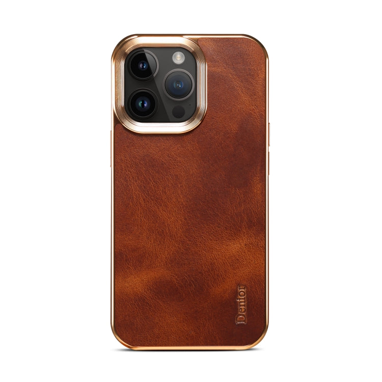 For iPhone 15 Pro Max Denior Oil Wax Cowhide Plating Phone Case(Brown) by Denior