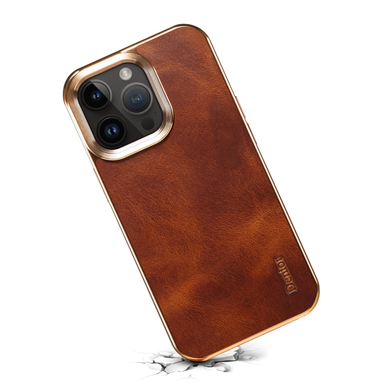 For iPhone 15 Pro Max Denior Oil Wax Cowhide Plating Phone Case(Brown) by Denior