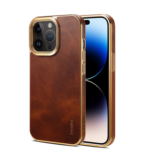For iPhone 15 Pro Denior Oil Wax Cowhide Plating Phone Case(Brown) - iPhone 15 Pro Cases by Denior | Online Shopping UK | buy2fix