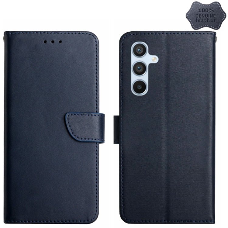 For Samsung Galaxy A55 5G HT02 Genuine Leather Fingerprint-proof Flip Phone Case(Blue) - Galaxy Phone Cases by buy2fix | Online Shopping UK | buy2fix