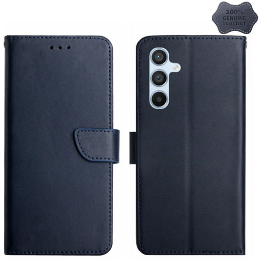 For Samsung Galaxy A55 5G HT02 Genuine Leather Fingerprint-proof Flip Phone Case(Blue) - Galaxy Phone Cases by buy2fix | Online Shopping UK | buy2fix