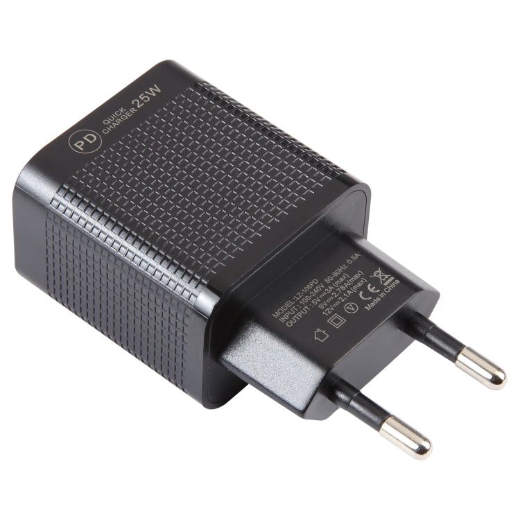 LZ-106PD 25W USB-C / Type-C Ports Plaid Pattern Travel Charger, EU Plug(Black) by buy2fix