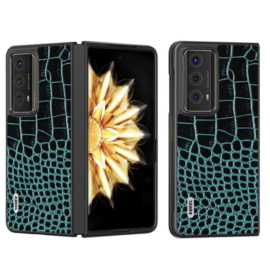 For Honor Magic V2 ABEEL Genuine Leather Crocodile Pattern Black Edge Phone Case(Blue)