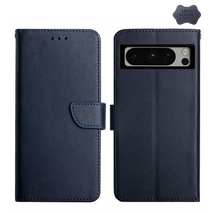 For Google Pixel 8 Pro HT02 Genuine Leather Fingerprint-proof Flip Phone Case(Blue) - Google Cases by buy2fix | Online Shopping UK | buy2fix