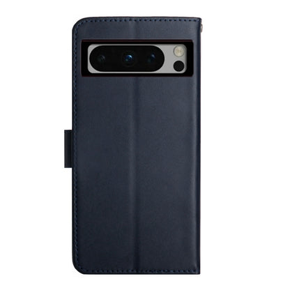 For Google Pixel 8 Pro HT02 Genuine Leather Fingerprint-proof Flip Phone Case(Blue) - Google Cases by buy2fix | Online Shopping UK | buy2fix