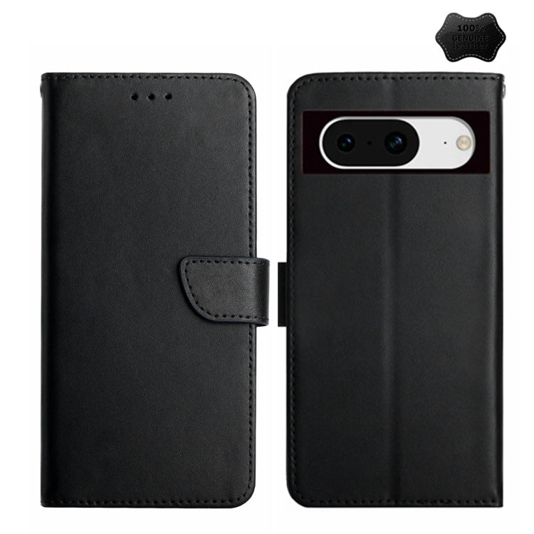 For Google Pixel 8 HT02 Genuine Leather Fingerprint-proof Flip Phone Case(Black) - Google Cases by buy2fix | Online Shopping UK | buy2fix